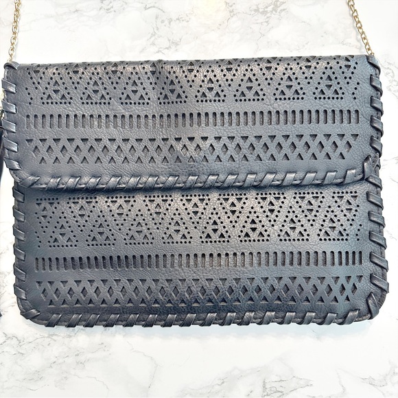 Bam Forever Laser Cut Vegan Leather Tassel Gold Chain Crossbody Purse Clutch - Picture 2 of 9